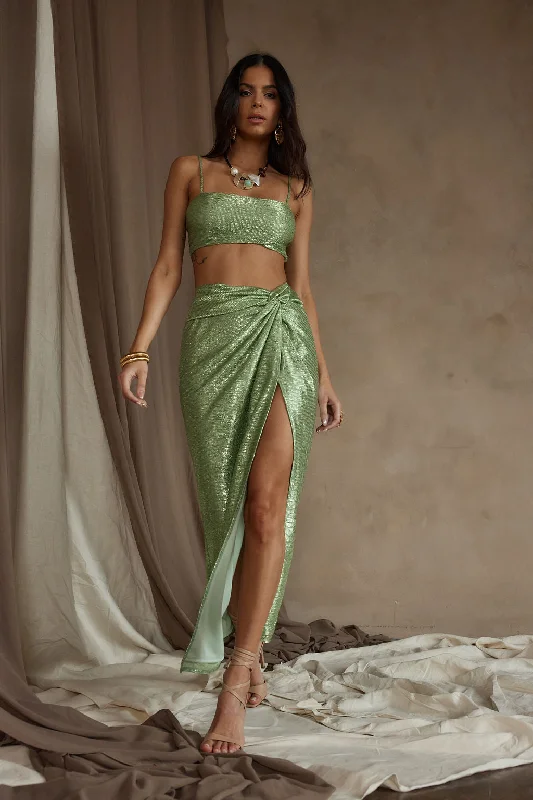 Toulouse Metallic Sage Maxi Skirt tiered skirt playful