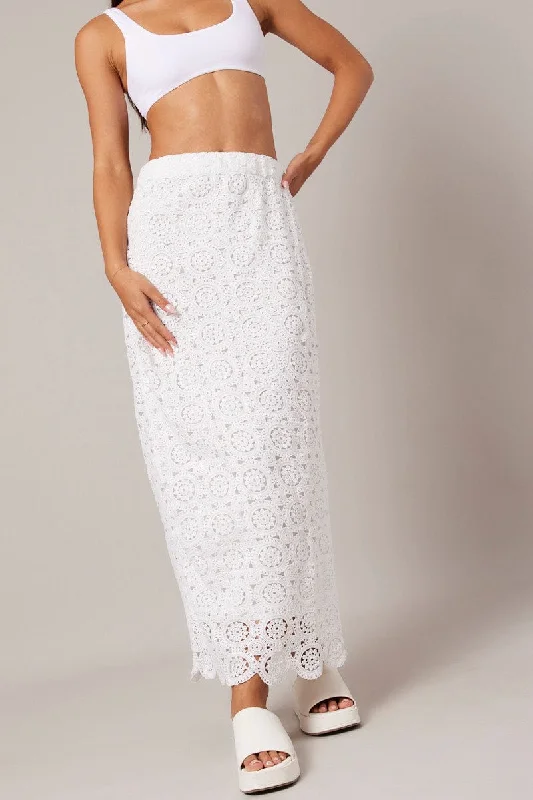 White Midi Skirt High Rise Lace silk skirt sleek