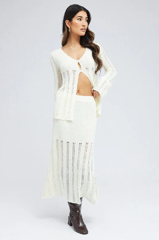 White Midi Skirt High Waisted A-line Ladder Knit breathable skirt fabric