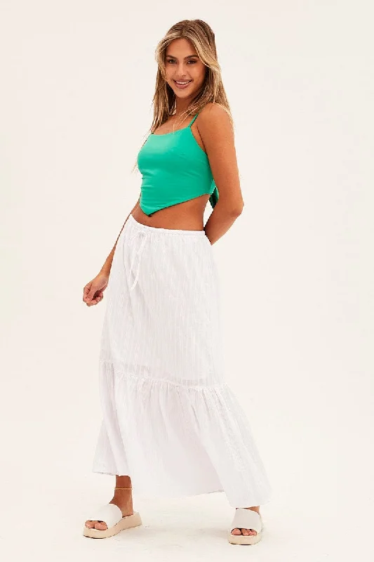 White Midi Skirt Tiered Textured Thin Tie Waist lace skirt elegant