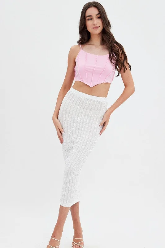 White Textured Midi Skirt linen skirt breathable