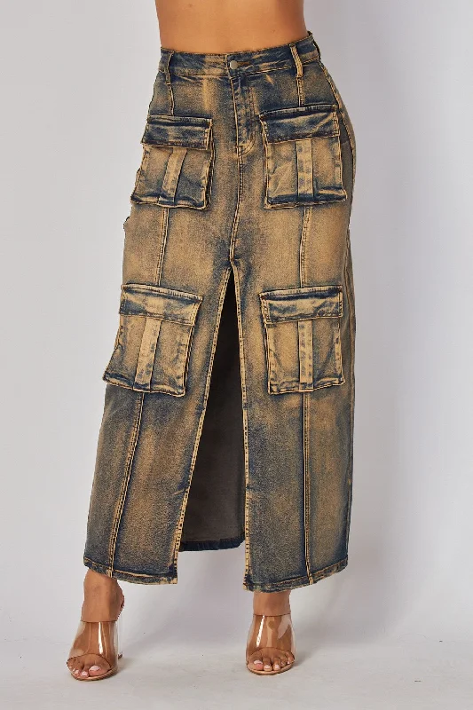 Women's Annette Grunge Wash Cargo Denim Jean Maxi Skirt - HOTHDS31599 silk skirt sleek
