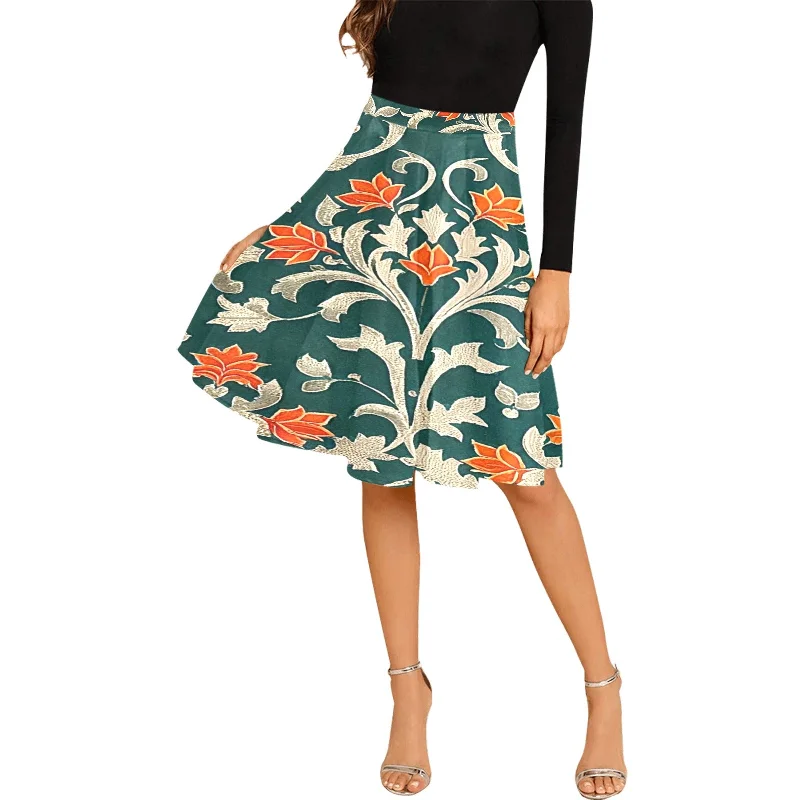 Women's Pleated Midi Skirt (Model D15) belted skirt waist