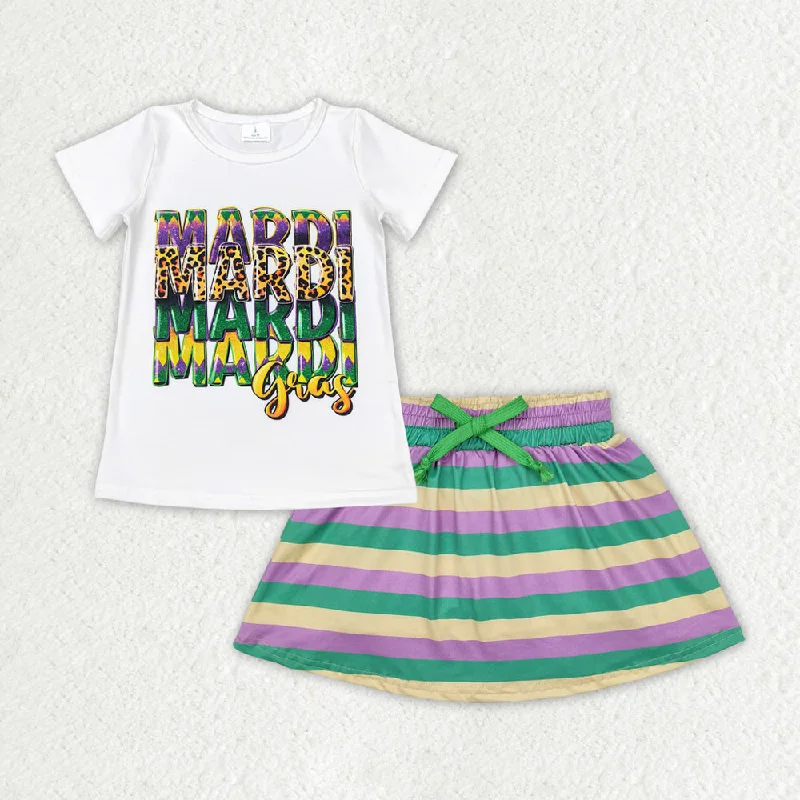 Baby Girls Clothes Mardi Gras White Shirts Tops Skirt Clothes Sets GSD1628