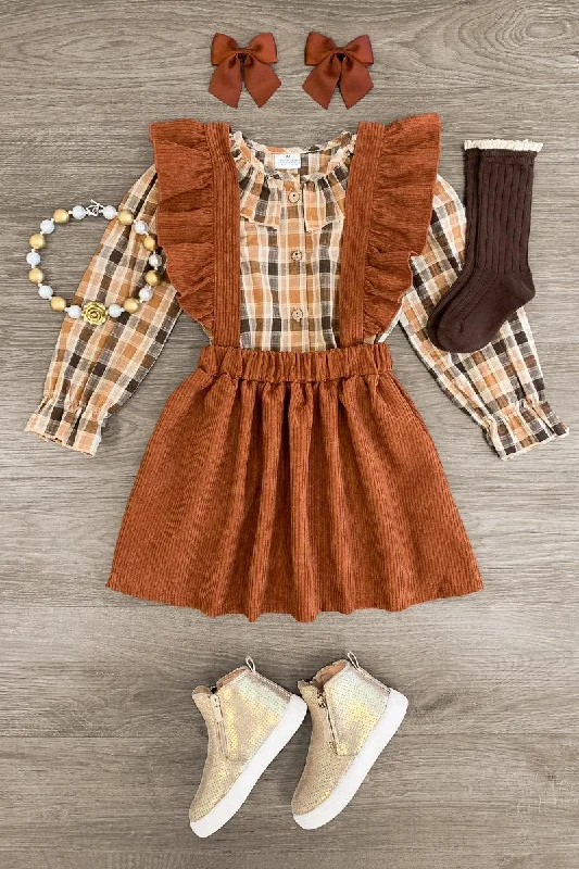 Brown Plaid Corduroy Suspender Skirt Set