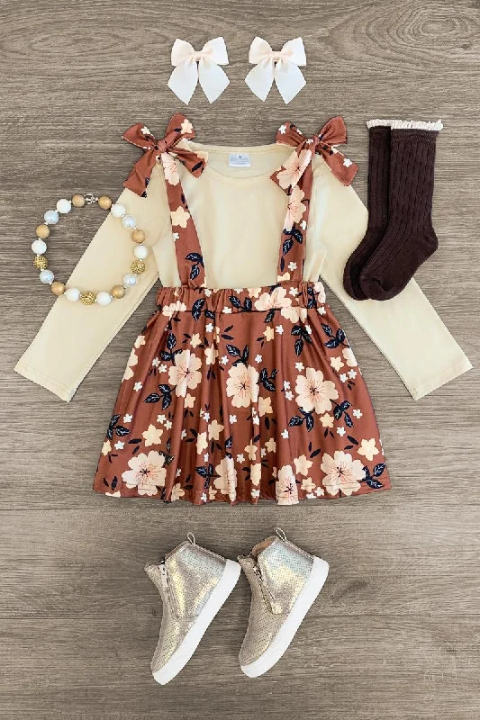 Cream Floral Suspender Skirt Set