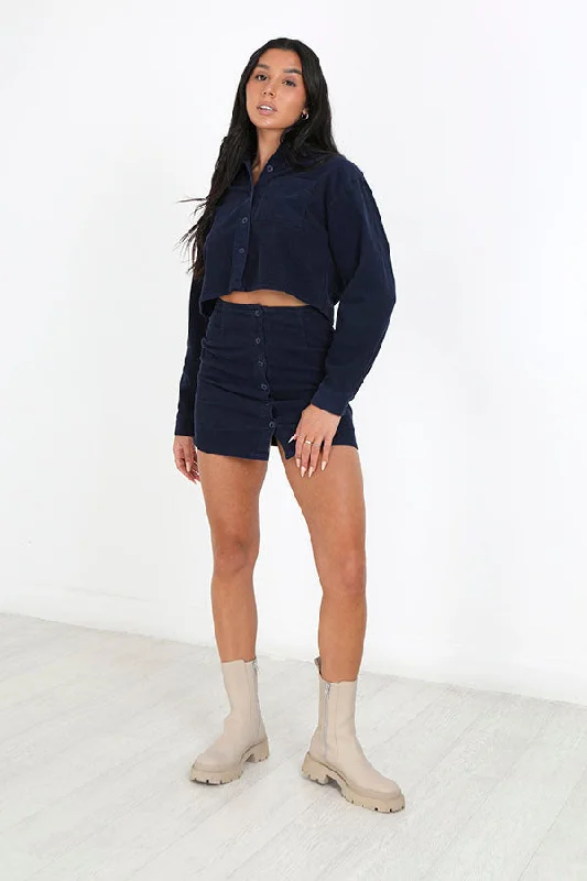 NAVY BUTTON THROUGH HIGH WAISTED CORDUROY SKIRT