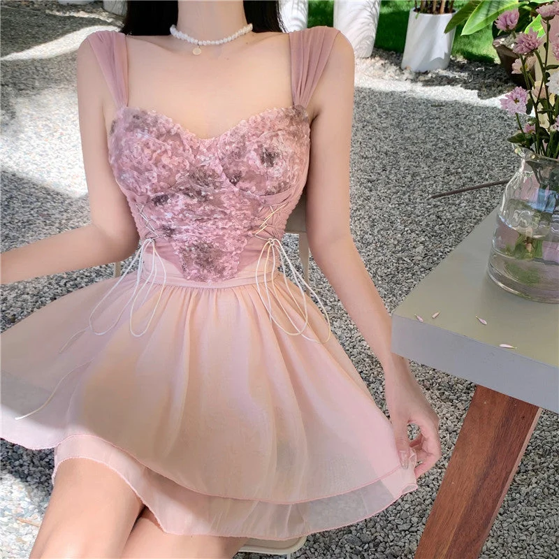 Pink Lace Tube Top + Mesh Skirt Set YV47188