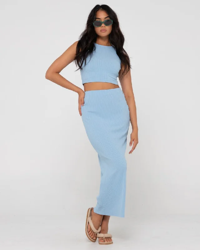 Rusty Scarlett Knitted High Waisted Maxi Skirt - Glacial Blue