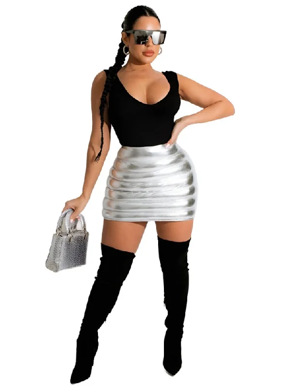 Silver Puffer Skirt Metallic Shiny Quilted Mini Clubwear