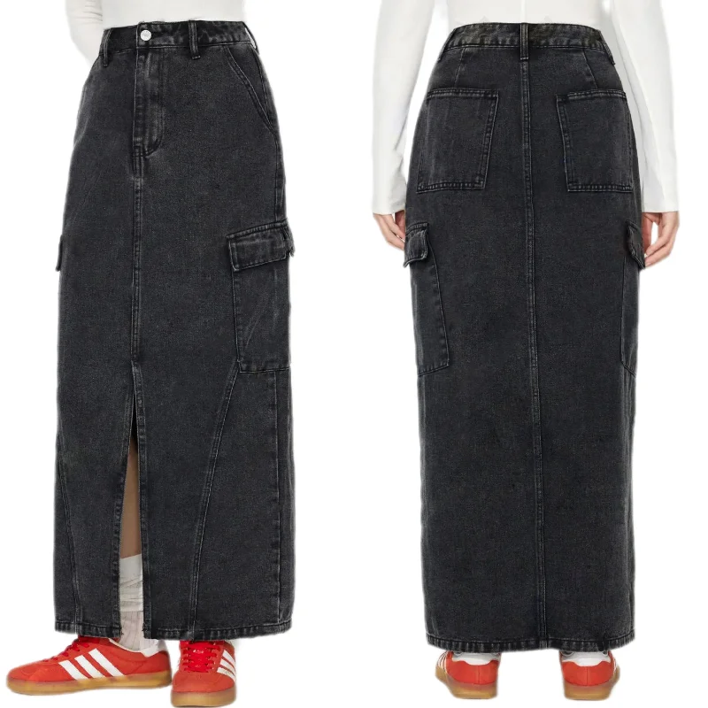 High-Rise Cargo Maxi Retro Side Utility Pockets Black Jean Denim Slit Skirt