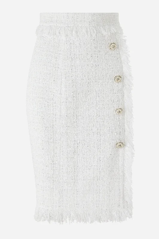 White Sequin Tweed Midi Skirt