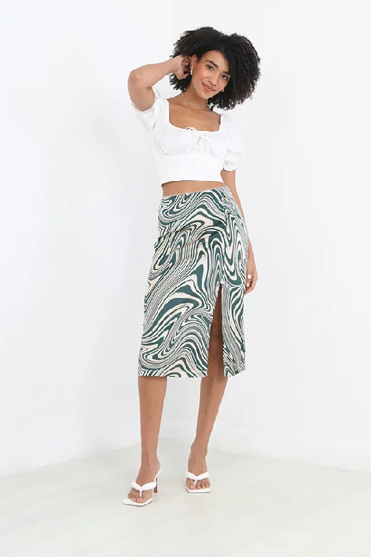 SWIRL PRINT BUTTON DETAIL SIDE SPLIT MIDI SKIRT