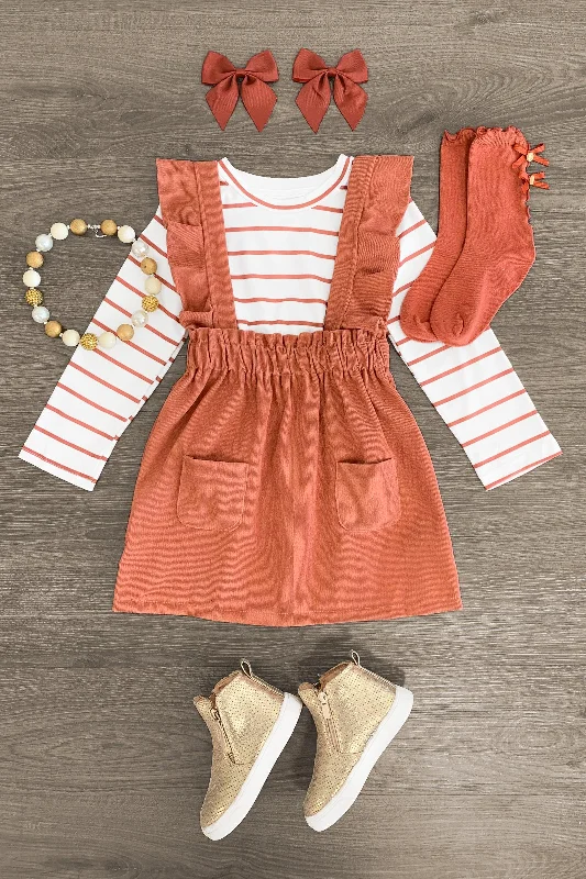 Terracotta Striped Suspender Skirt Set