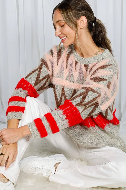 Abstract Printed Mohair Crew Neck Knitted Sweater Hooded Sweater Collared Sweater Shawl Collar