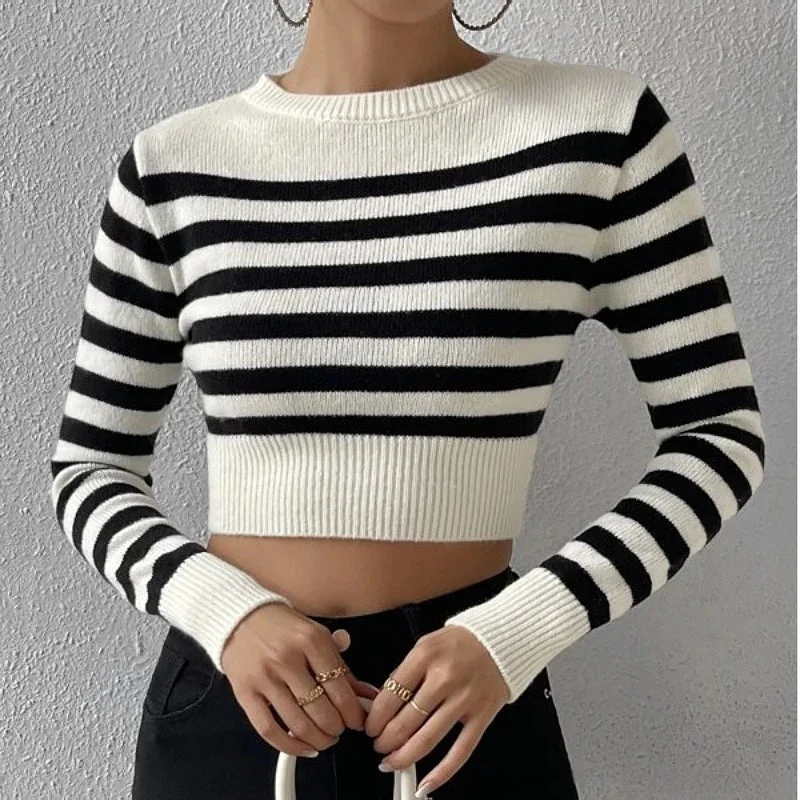FZ Women's Sweater Striped Short Outer Wear Knitwear Top Layered Multi-layer Single Layer