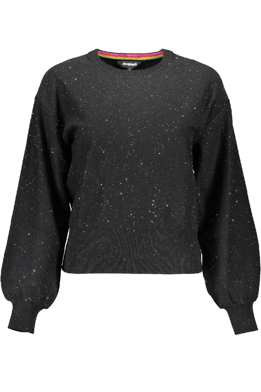 Black Polyester Women Sweater Collared Crew Neck Turtle Neck
