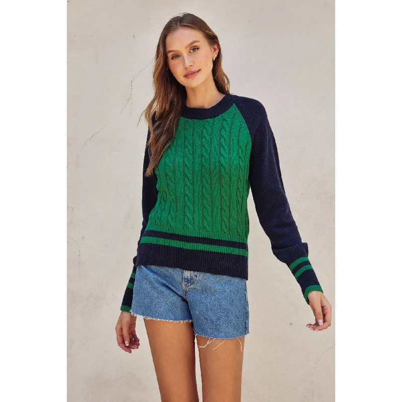 Cable Knit Stripe Trim Raglan Sweater: Green & Navy Satin Fabric Silk Fabric Chiffon Fabric