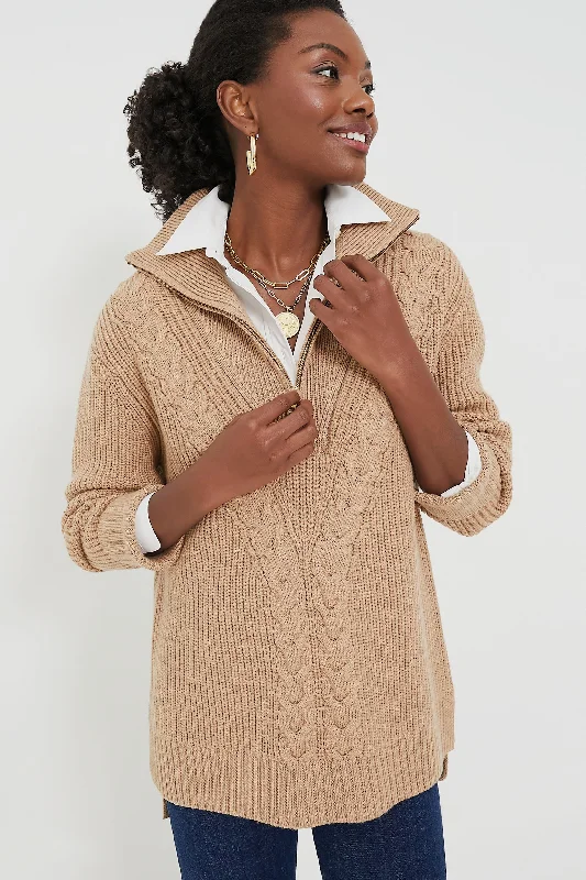 Camel Quarter Zip Estella Sweater Cable Knit Ribbed Knit Lace Knit