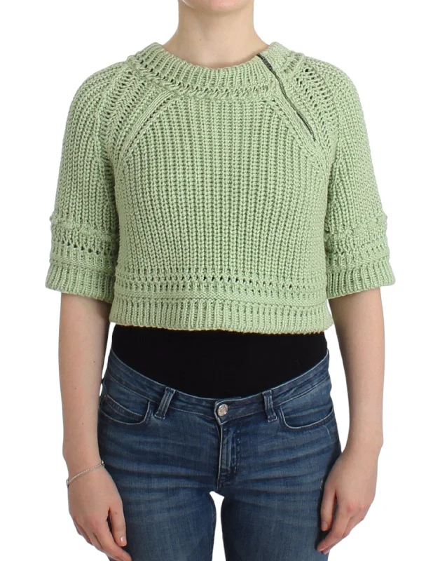 Chic Green Cropped Cotton Sweater Ribbed Striped Patterned