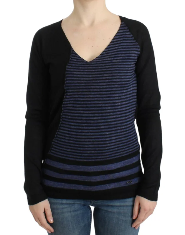 Chic Striped V-Neck Wool Blend Sweater Fleece Fabric Down Fabric Feather Fabric