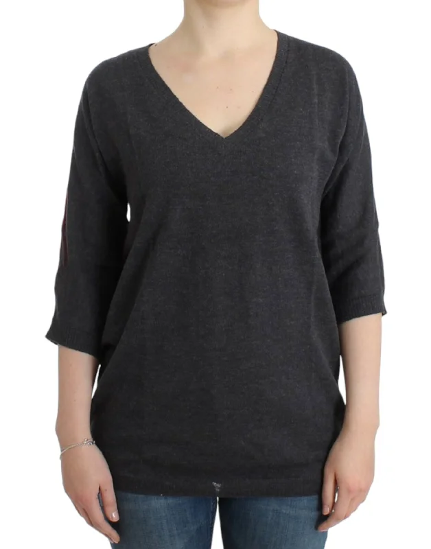 Chic V-Neck Alpaca Blend Short Sleeve Sweater Tailored Straight A-Line