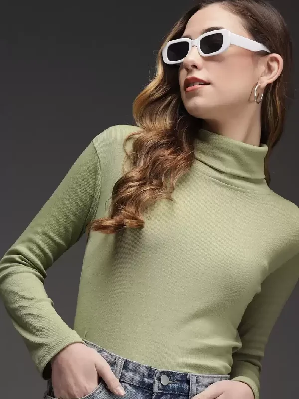 TANDUL  Solid High Neck Casual Women Green Sweater Denim Fabric Leather Fabric Suede Fabric