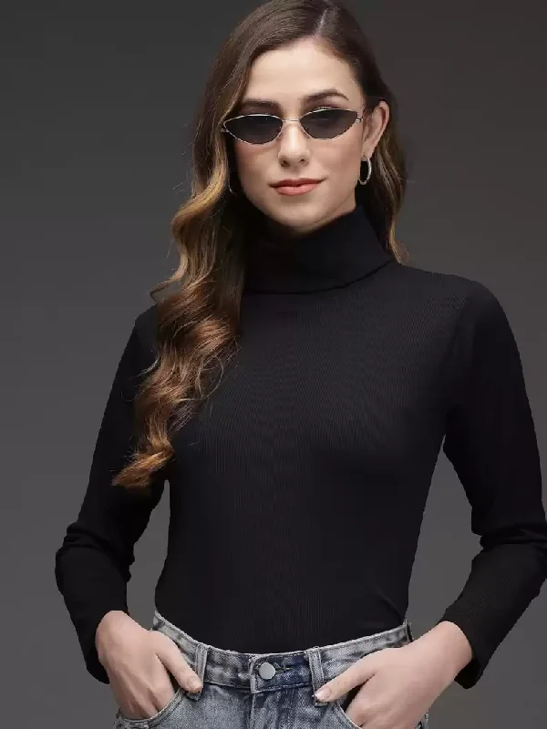 TANDUL  Solid Turtle Neck Casual Women Black Sweater Jersey Fabric Tulle Fabric Batik Fabric