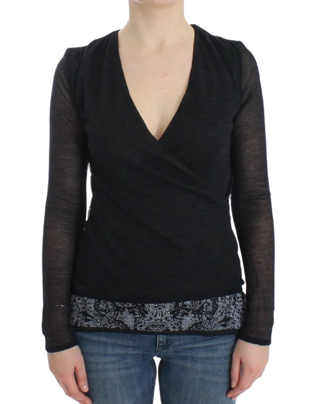 Deep V-neck Black Wool Blend Sweater Cashmere Blend Cotton Blend Poly Blend