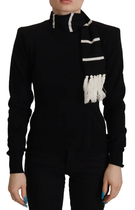 Elegant Black Cashmere Turtleneck Sweater Ribbed Striped Patterned