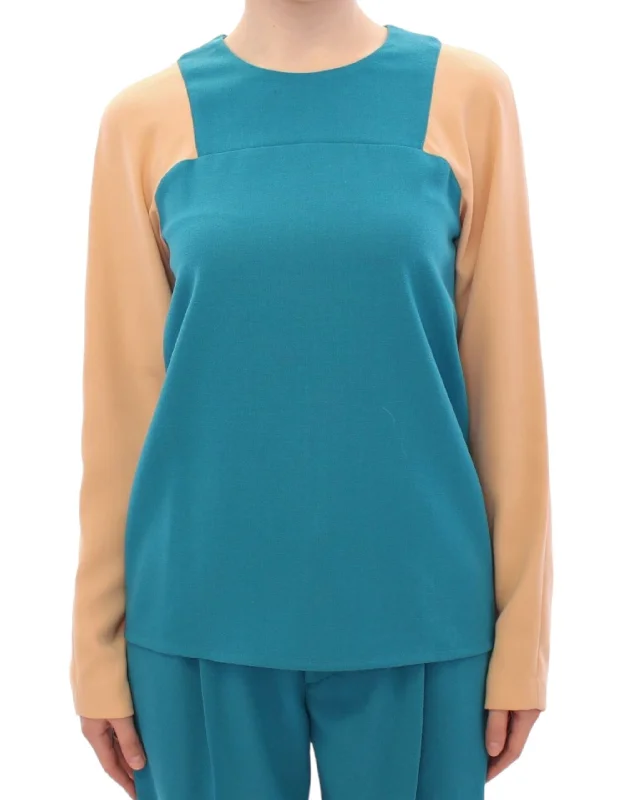 Elegant Blue and Beige Crew-neck Sweater Turtle Neck Boat Neck Asymmetrical Neck