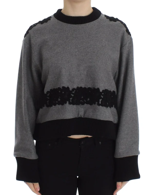 Elegant Gray Cashmere Blend Lace Sweater Solid Color Striped Floral Print