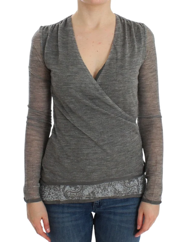 Elegant Gray Wool Blend Deep V-neck Sweater Anti-Pilling Anti-Shrink Durable
