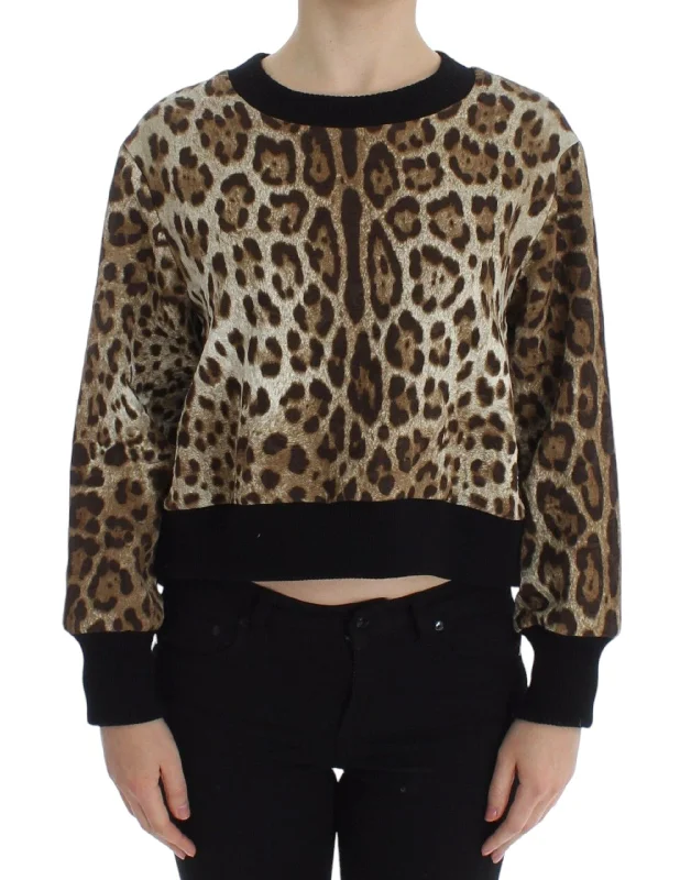 Elegant Leopard Print Short Sweater Top Fitted Slim Tailored