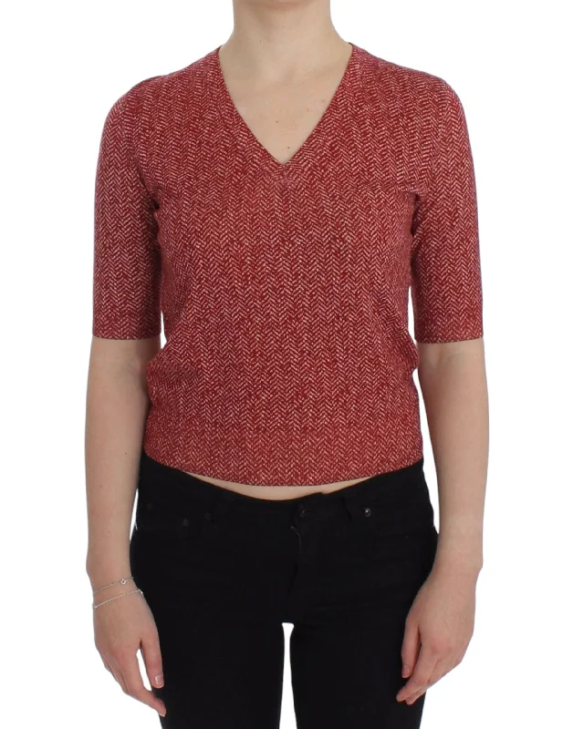 Enchanting Red Tweed V-Neck Sweater Zippered Front Buttoned Front Snap Front