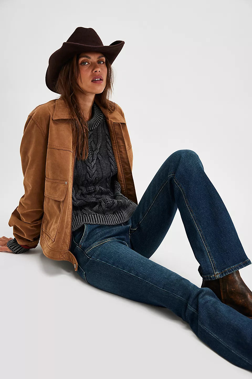 Free People Frankie Cable Sweater - BLACK Denim Fabric Leather Fabric Suede Fabric