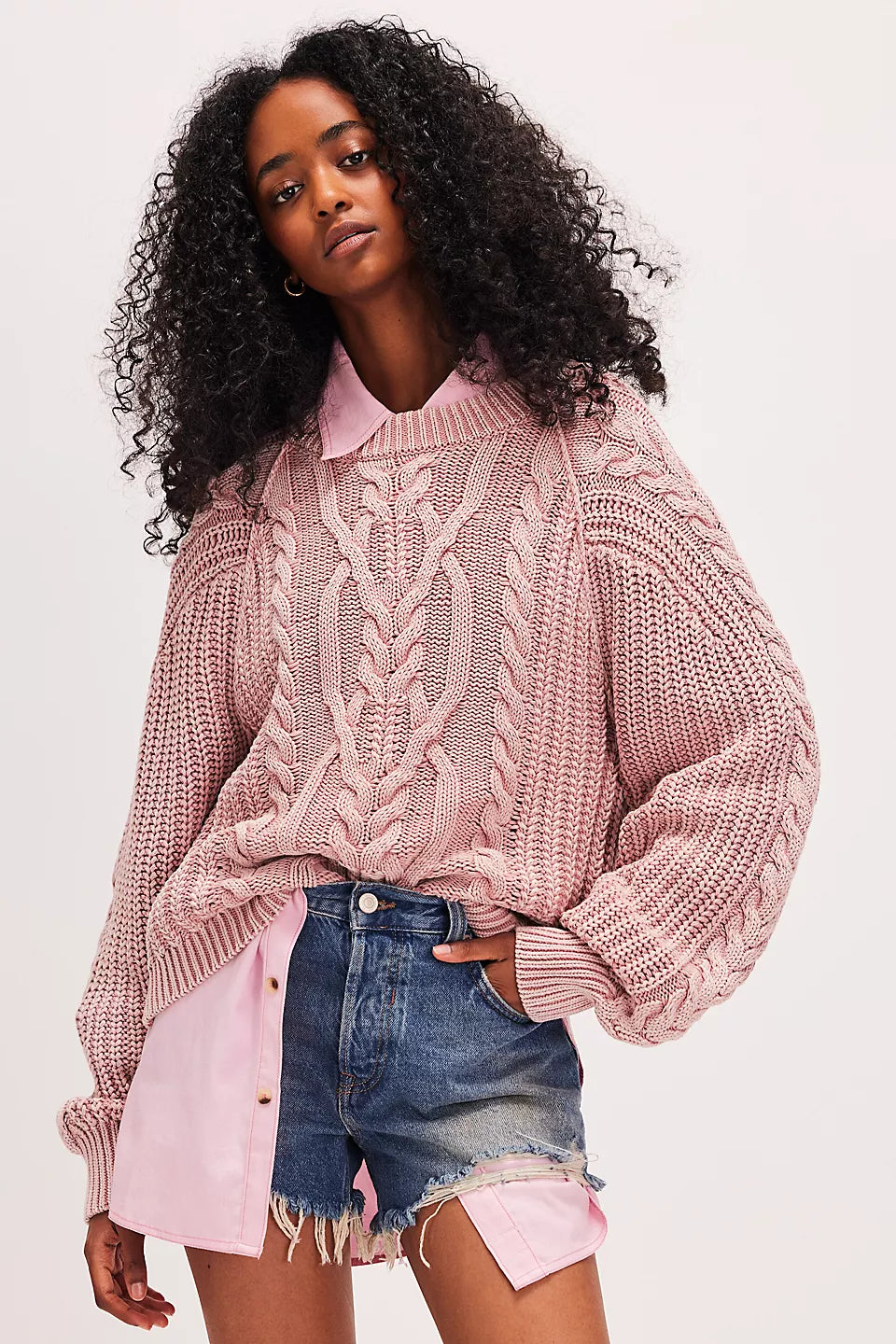 Free People Frankie Cable Sweater - MISTY ROSE Velvet Chenille Corduroy