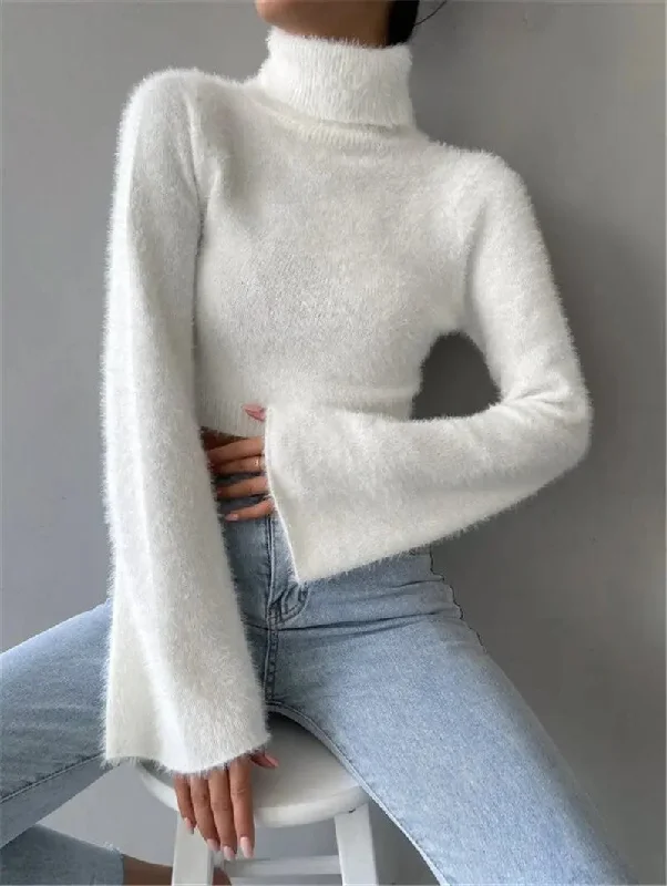FZ Women's High Neck Short Exposed Cropped Plush Sweater Top Open Front Closed Front Wrap Front