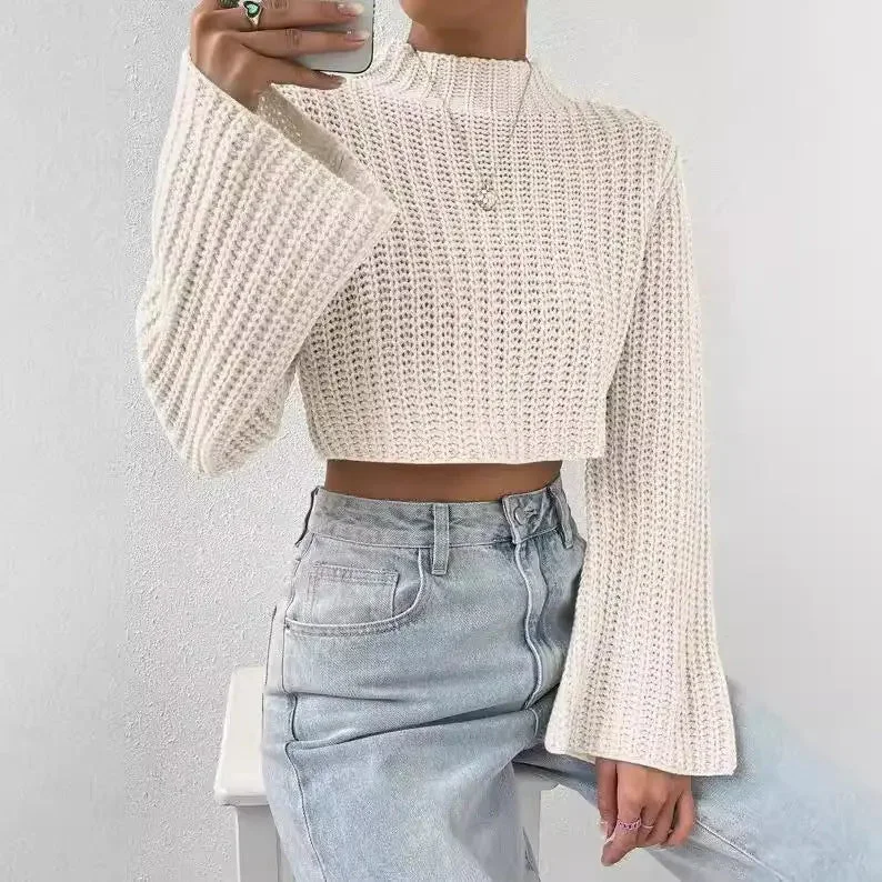 FZ Women's High Waist Short Bell Sleeve Half Turtleneck Sweater Top High Neck Crew Neck V-Neck