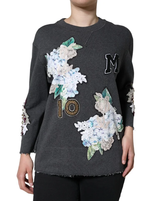 Gray Hydrangea CollegeStudded Floral Sweater Elegant Classic Vintage