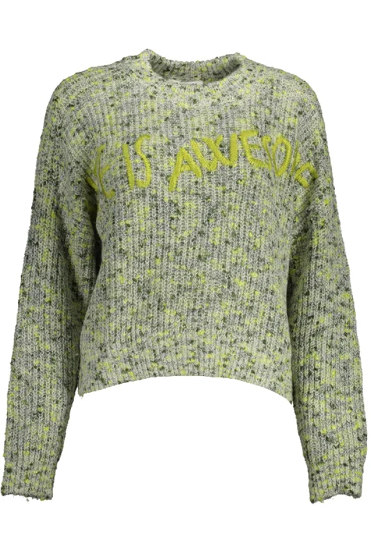 Green Acrylic Women Sweater Front Pockets Side Pockets Patch Pockets
