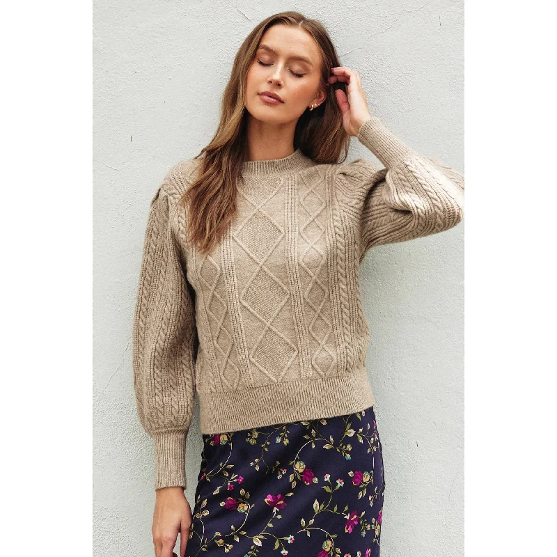 In A Bubble Cable Knit Sweater: Oatmeal Taupe Rayon Fabric Velvet Fabric Corduroy Fabric