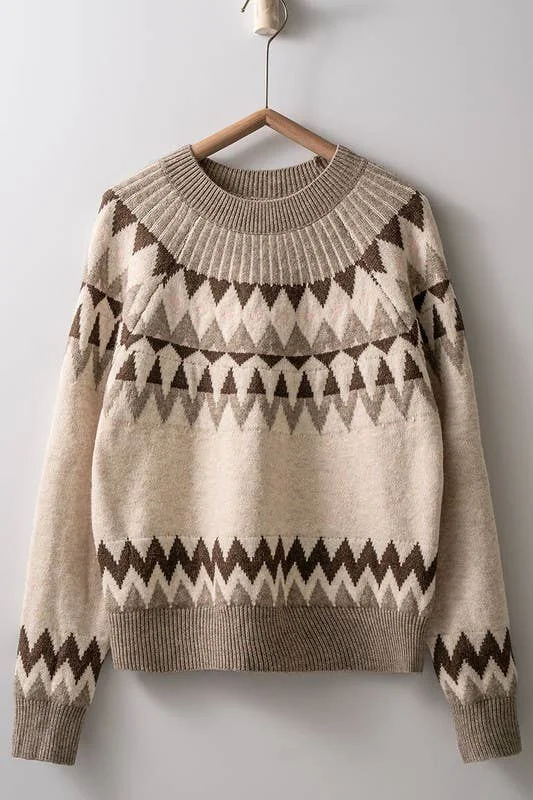 Fair Isle King's Crown Knit Sweater Turtle Neck Boat Neck Asymmetrical Neck