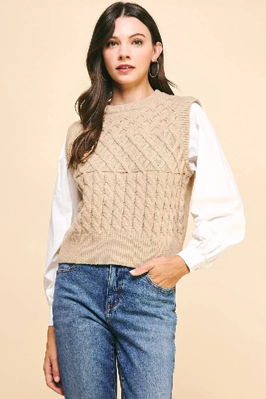 Taupe Mix Media Sweater Glossy Satin Silk