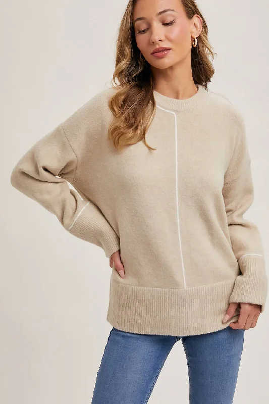 Crew Neck Sweater: Taupe Notch Collar Peter Pan Collar Cowl Neck