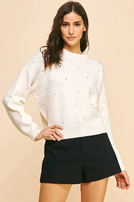 Cream Embellished Sweater Welt Pockets Slit Pockets Flap Pockets