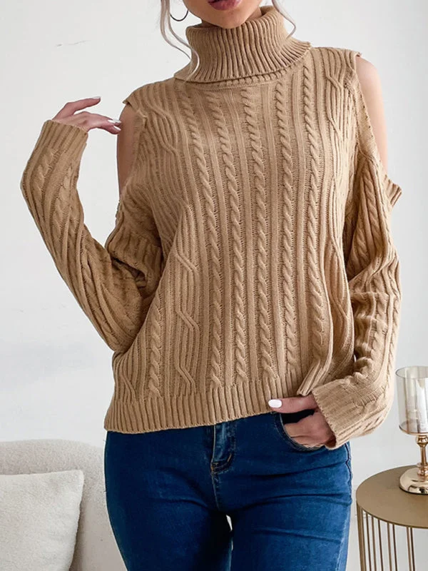 FZ women's bottoming turtleneck twist off-shoulder sweater top Ribbed Striped Patterned