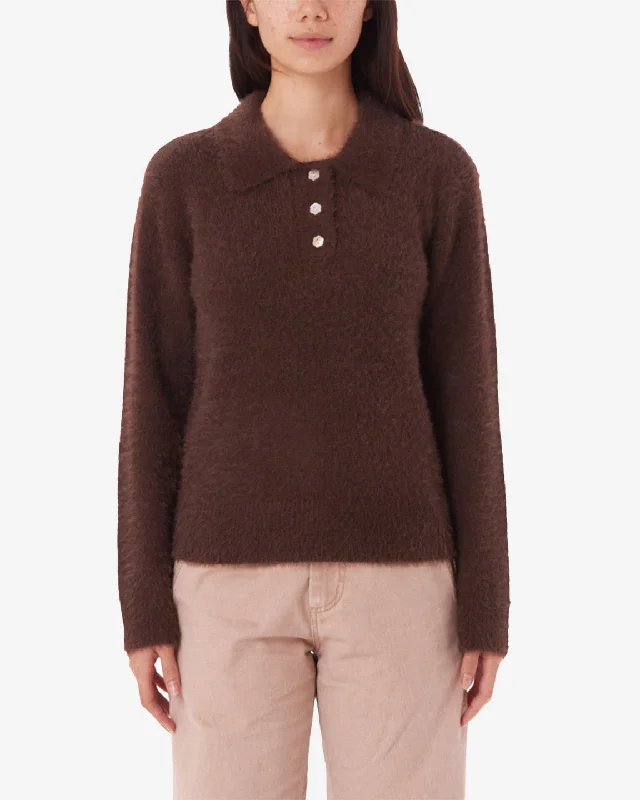 Obey ESME POLO SWEATER - CHOCOLATE Satin Blend Silk Blend Wool Blend