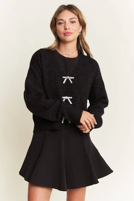 Rhinestones Bow Button Sweaters: Black Stylish Fashionable Trendy