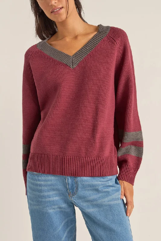 Rhythm Gatwick V Neck Sweater - RED Lace Blend Ribbed Blend Corduroy Blend